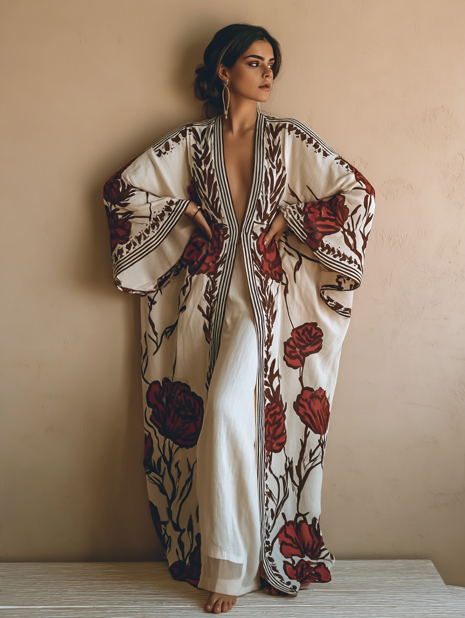 Women's Red Rose Kimono Linen Robe