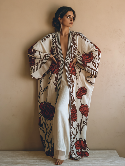 Women's Red Rose Kimono Linen Robe