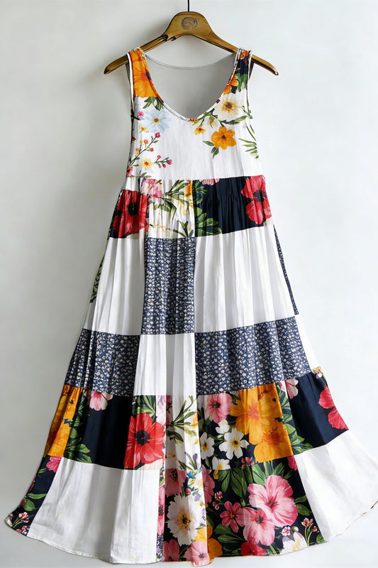 Women's Vintage Floral Colorblock Sleeveless Cotton Dress
