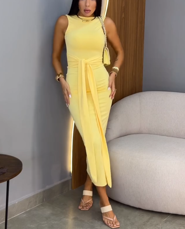 High-Neck Wrap-Tie Waist Bodycon Maxi Dress