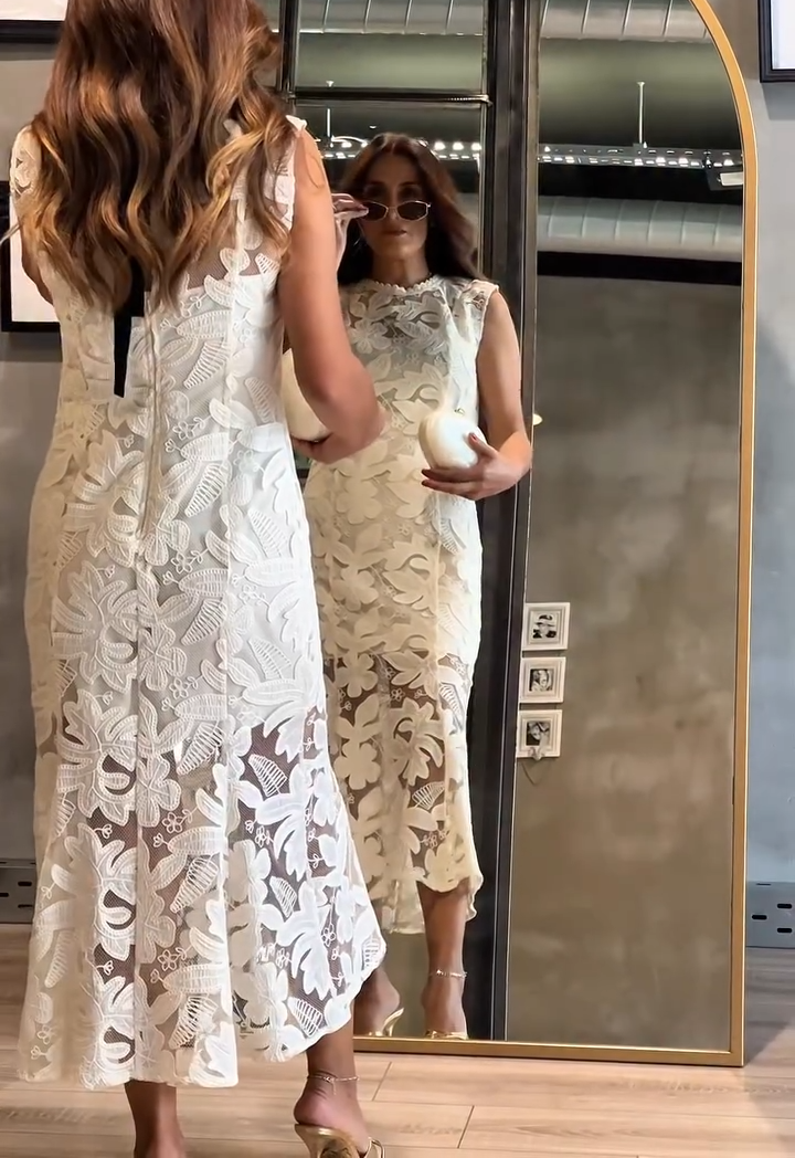 White Floral Lace Mermaid Midi Dress