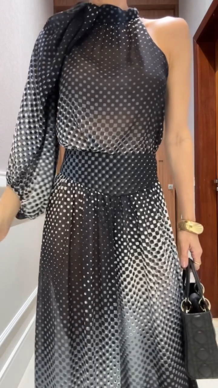 Gradient Polka Dot One-Shoulder Maxi Dress