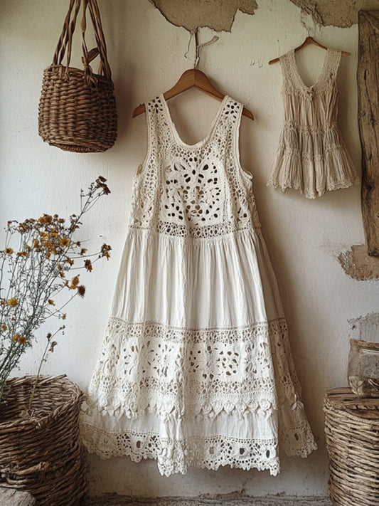 Vintage Lace Linen Blend Midi Dress
