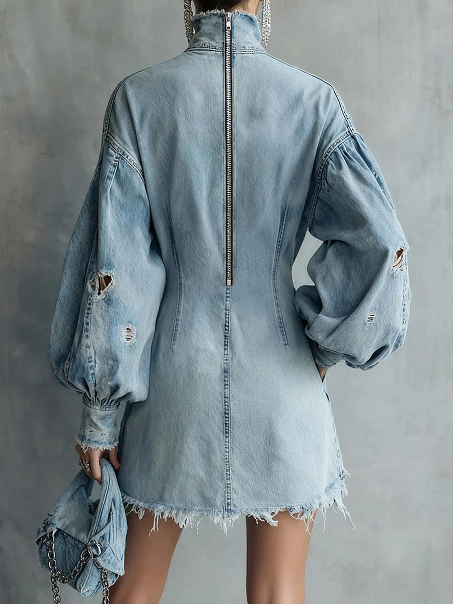 Distressed Denim High-Neck Mini Dress