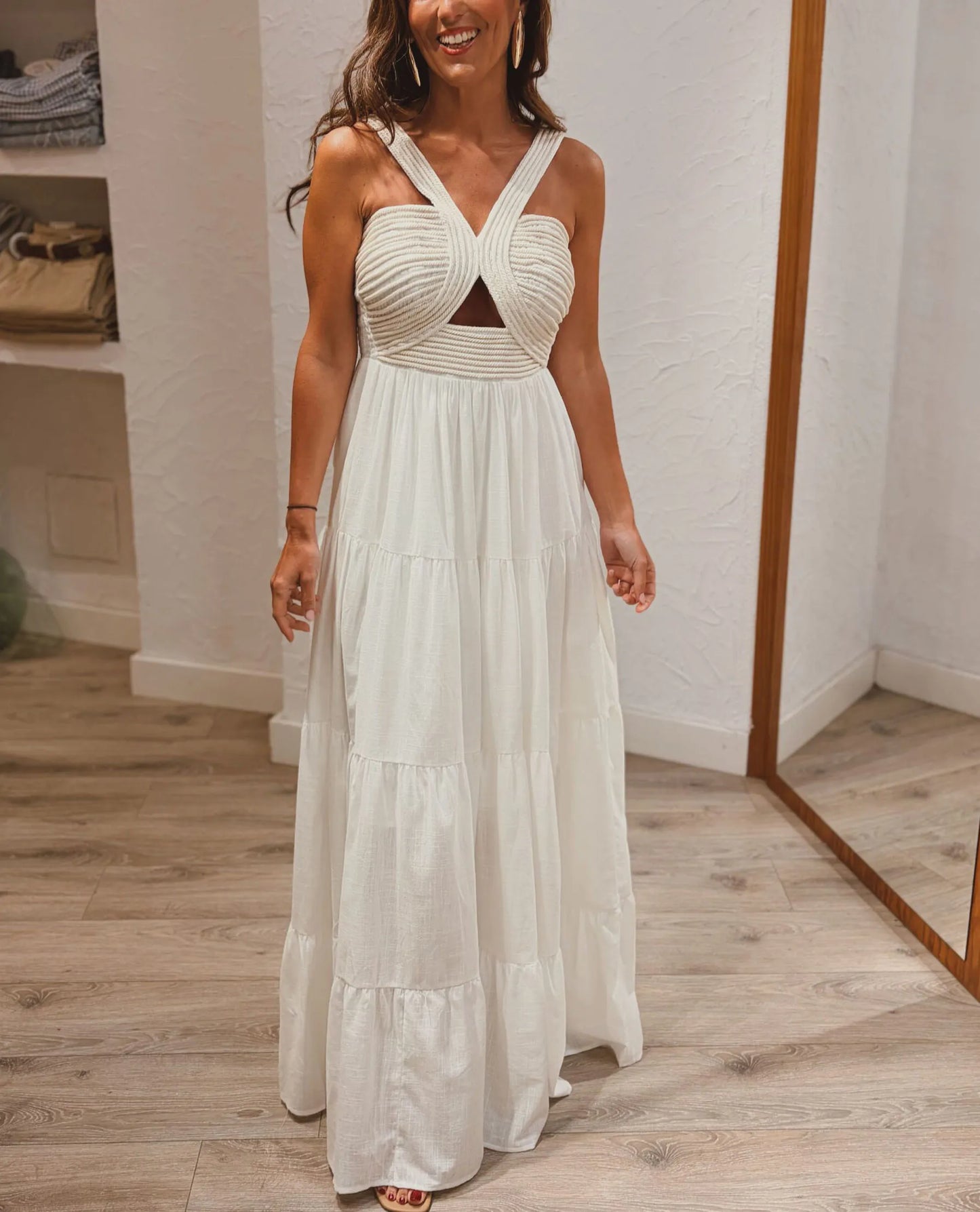 Tiered Maxi Dress with Crisscross Textured Bodice
