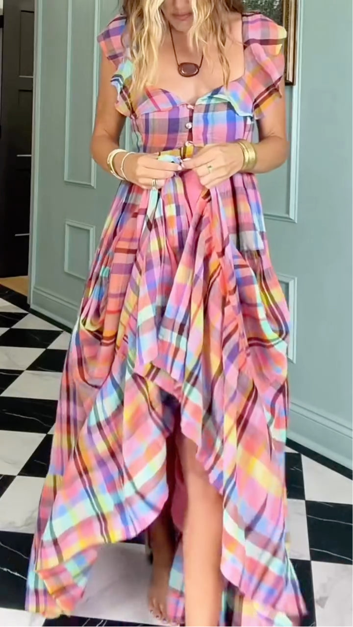 Colorful Plaid Ruffle Flutter Sleeve Square Neck Tiered Maxi Dress