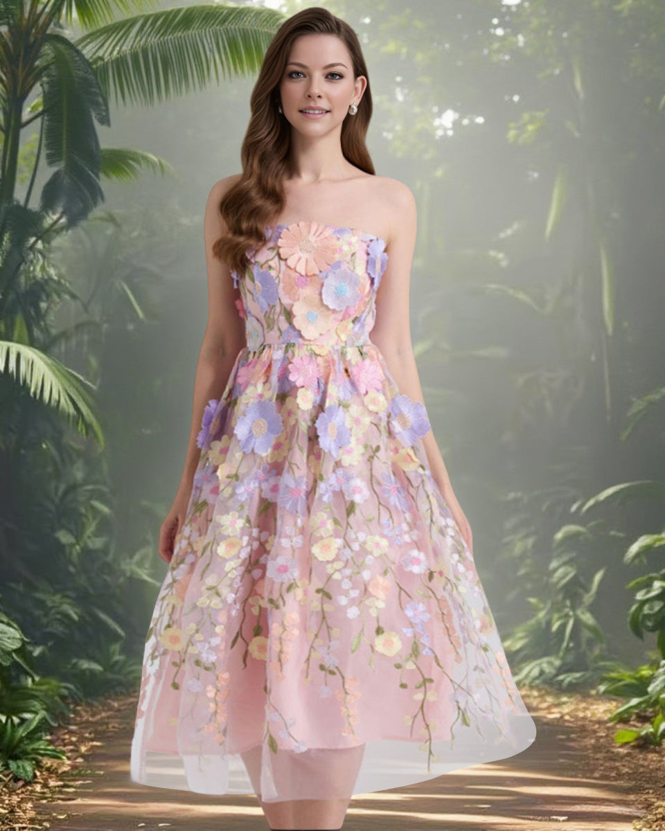 Embroidered 3D Applique Strapless Midi Dress