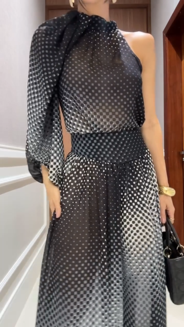Gradient Polka Dot One-Shoulder Maxi Dress
