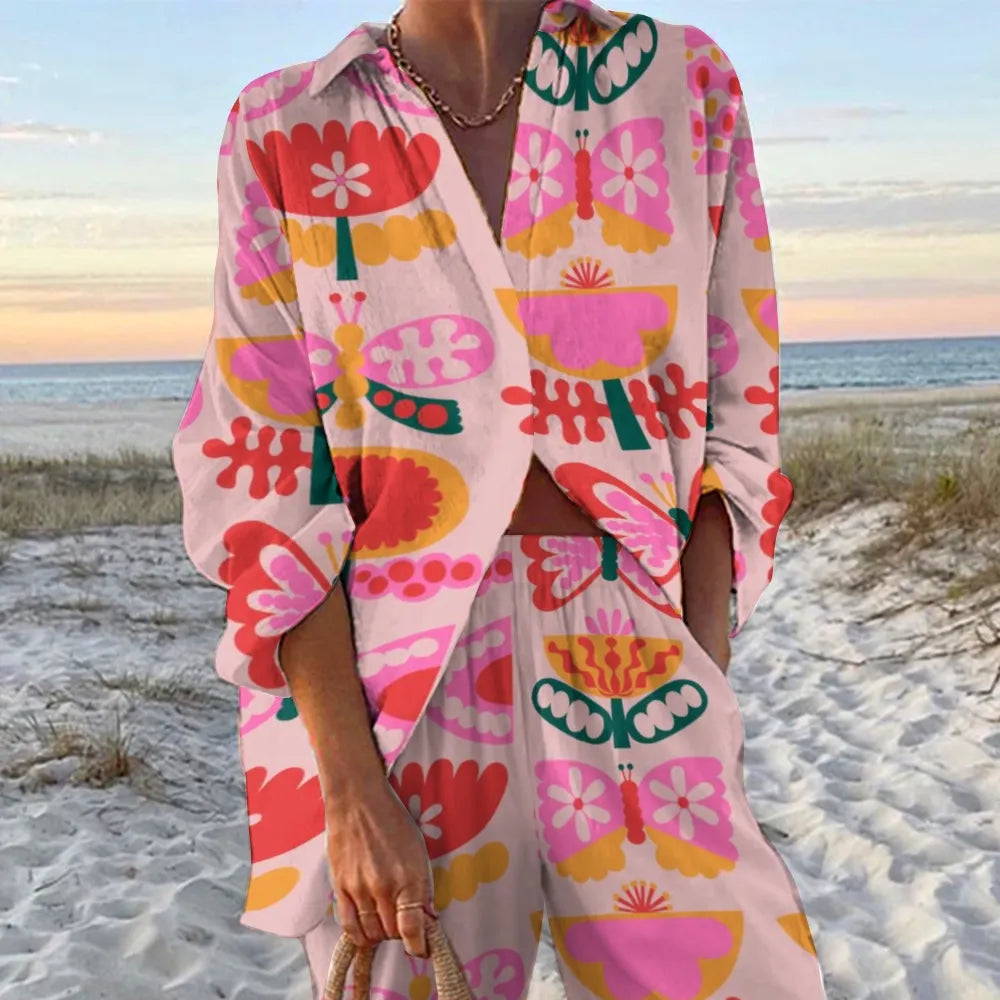 Women's Printed Shirt & Pants Two-piece Set 2412006855