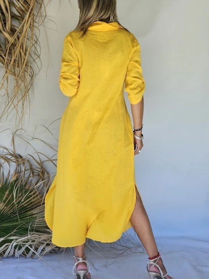 Women's Casual Solid Color Lapel Three-quarter Sleeve Button Cotton and Linen Dress