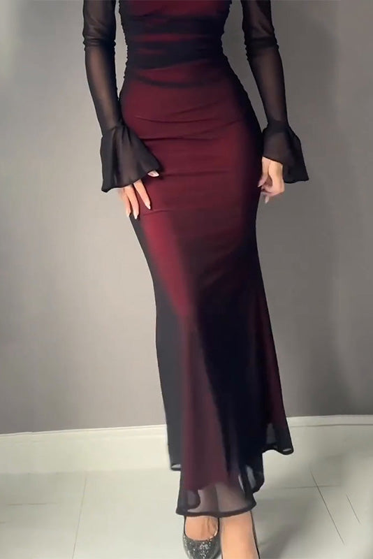 Burgundy Sheer-Sleeve Mermaid Gown