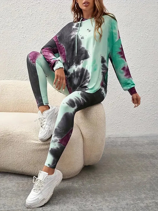 Women's Hooded Tie-Dye Slit Loose Top Slim Fit Trousers Set