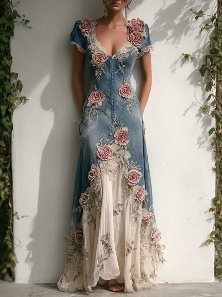 Women's Vintage Elegant Roses Embroidered Art Patchwork V Neck Short Sleeve Maxi Dress