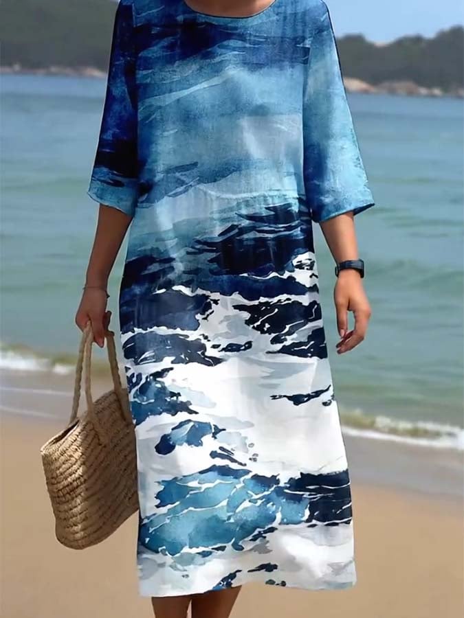 Women's Casual  Round Neck Mid Sleeve Print Cotton and Linen Dress