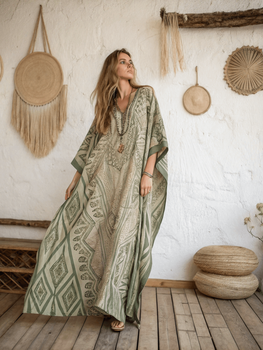 Linen Printed Kaftan Maxi Dress