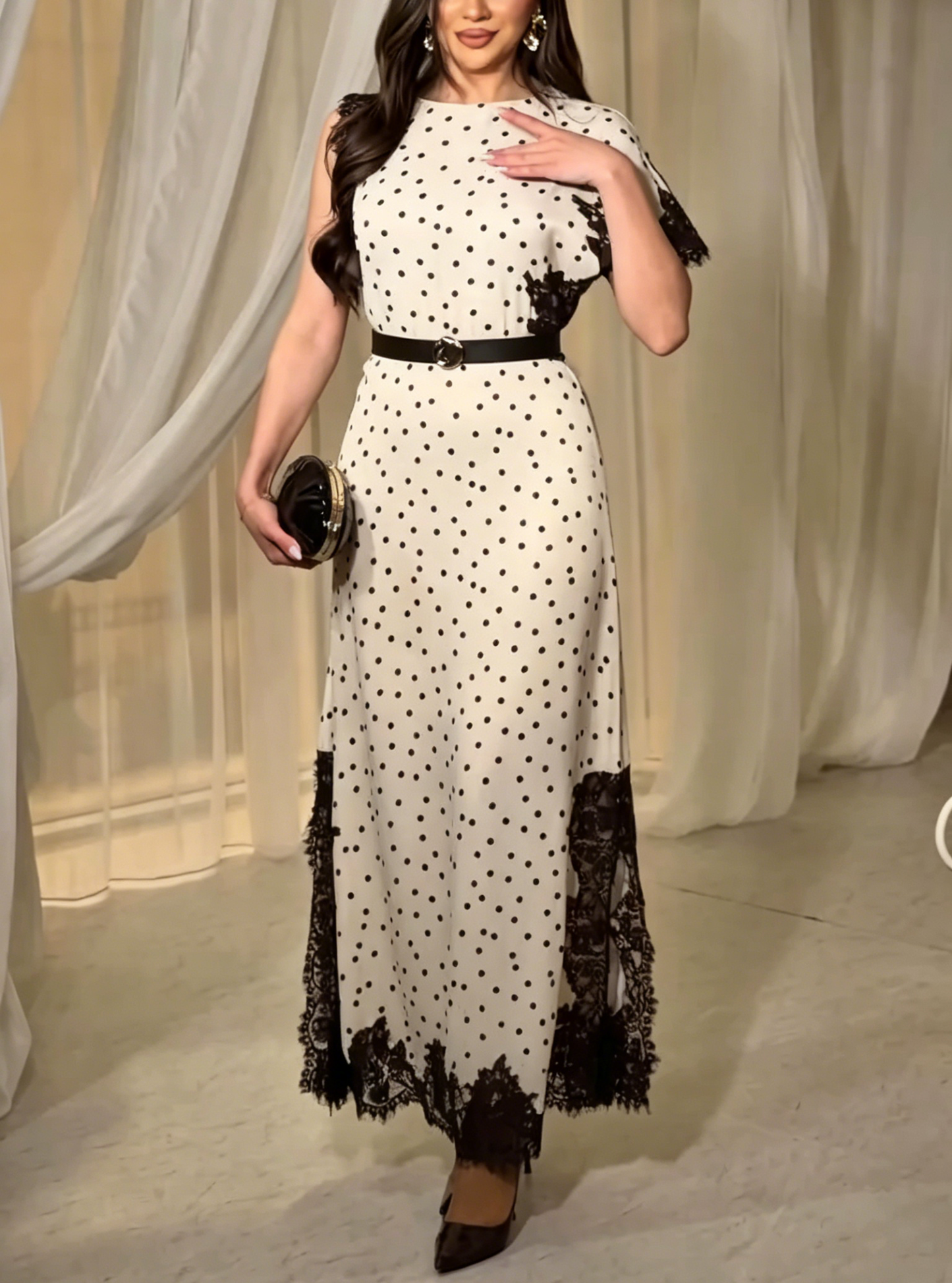 Cream Polka Dot Maxi Dress with Black Lace Trim