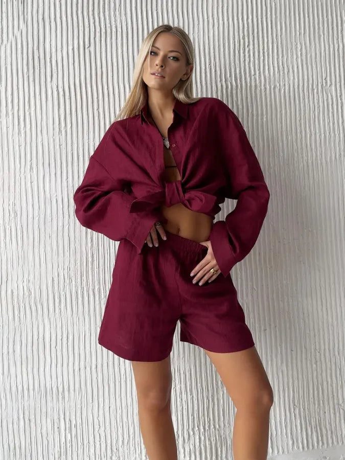 Cotton Cardigan Long Sleeve Shorts Set