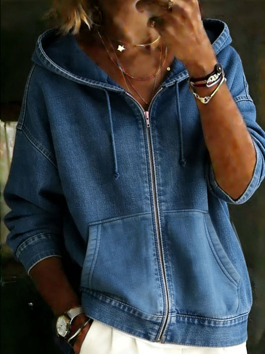 Women's Casual Long Sleeve Poket Denim Zipper Hoodie Coat