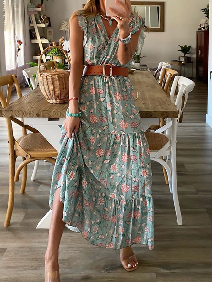 V-Neck Sleeveless Bohemian Print Mid Length Dress