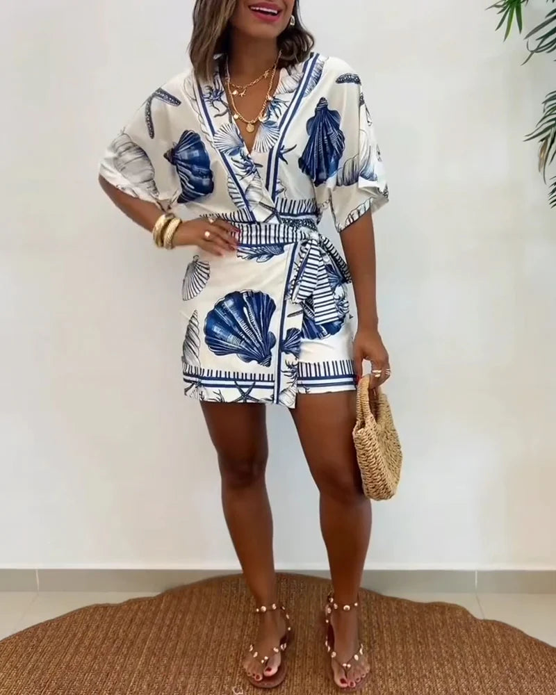Starfish & Seashell Print Overlap V Neck Half Sleeve Wrap Knot Side Romper Casual Stretchy Back Waist Vacation Romper