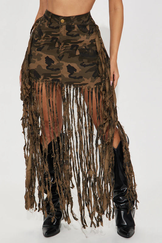 Camouflage Print High-Waisted Frayed Fringe Mini Skirt