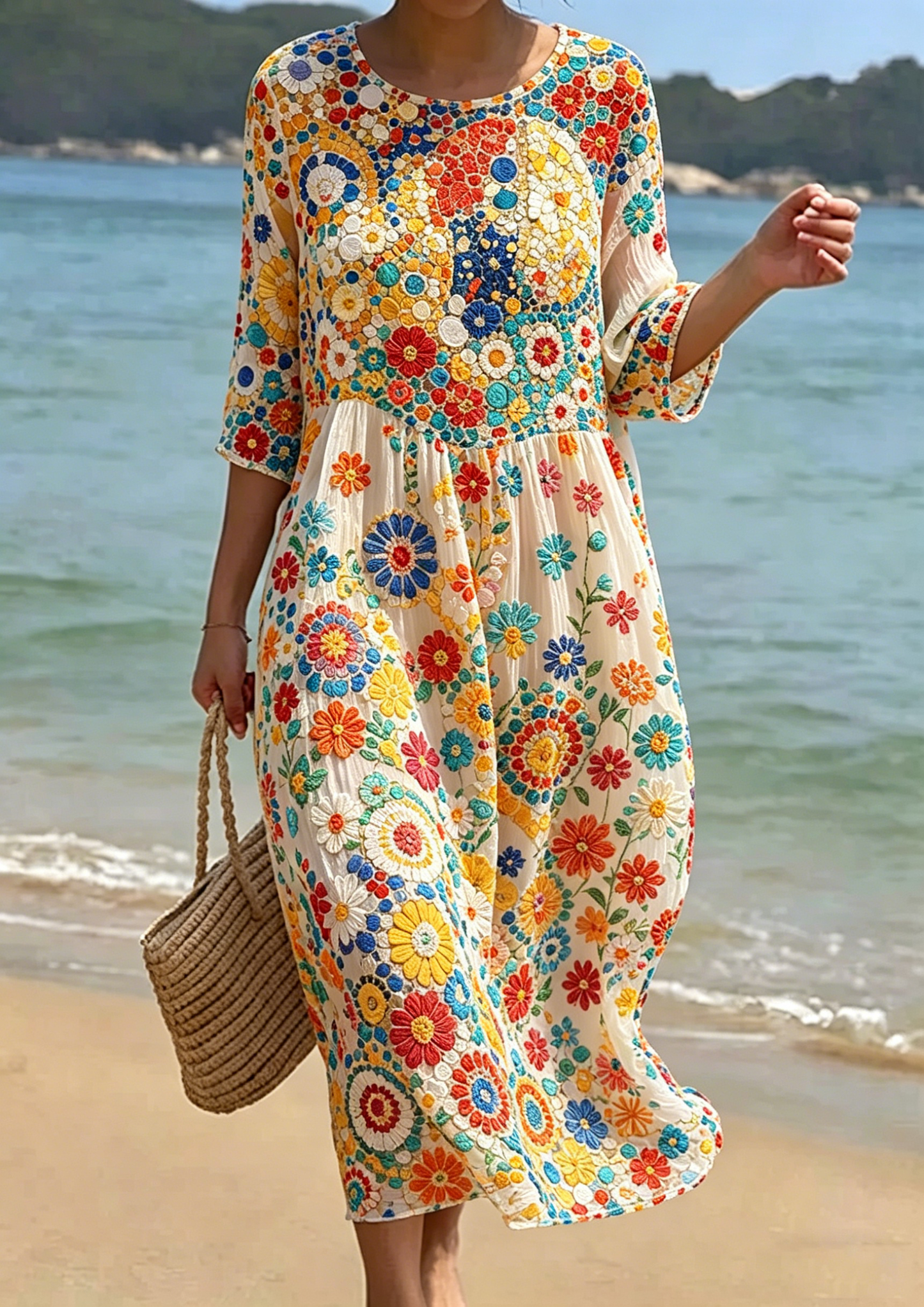Women's Floral Embroidered Smocked Waist Midi Dress
