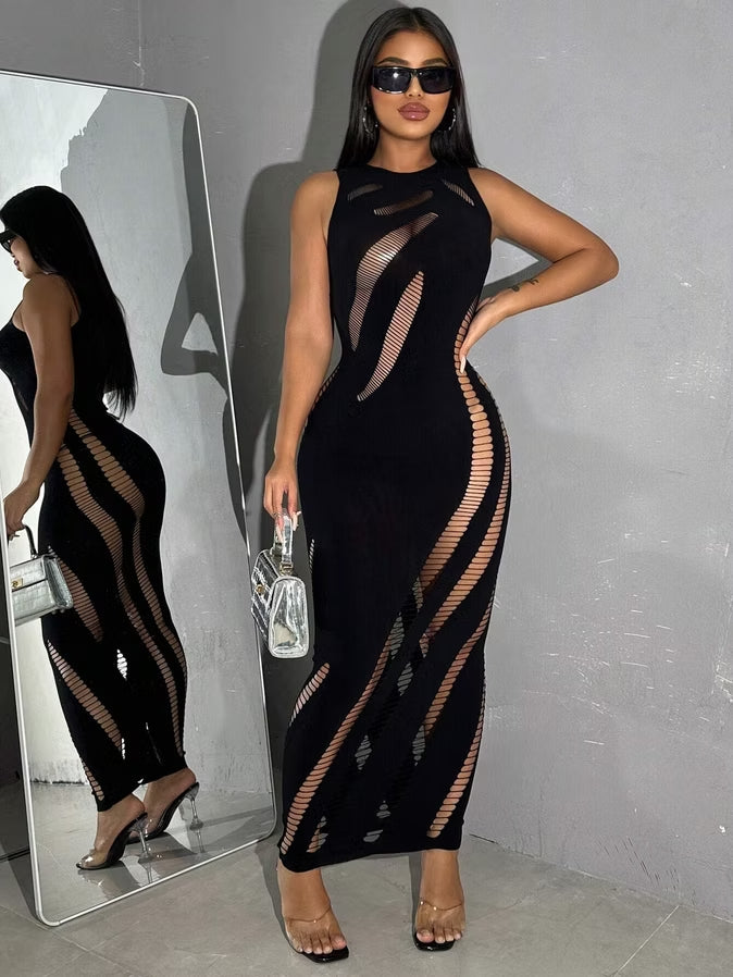 Sleeveless Sheer Cutout Bodycon Dress – Sexy Mesh Hollow-Out Mini Dress