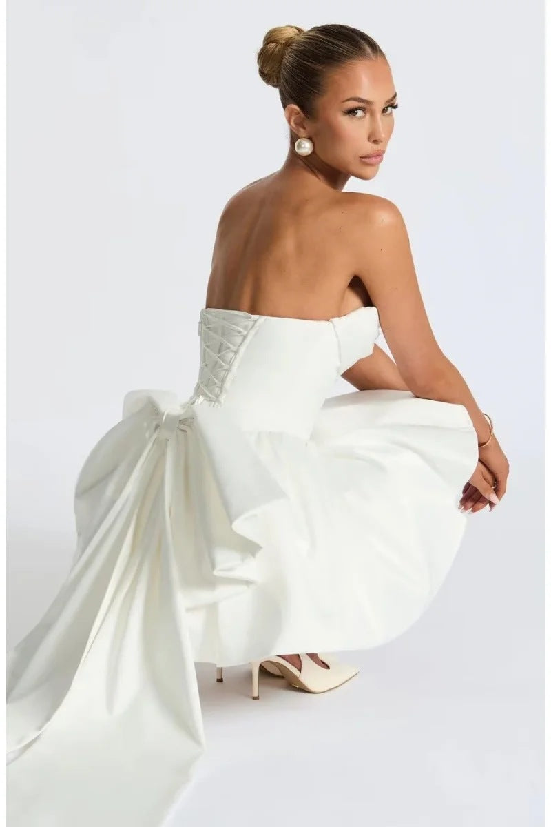 Strapless Satin Corset Homecoming Dress with Back Bow & Train