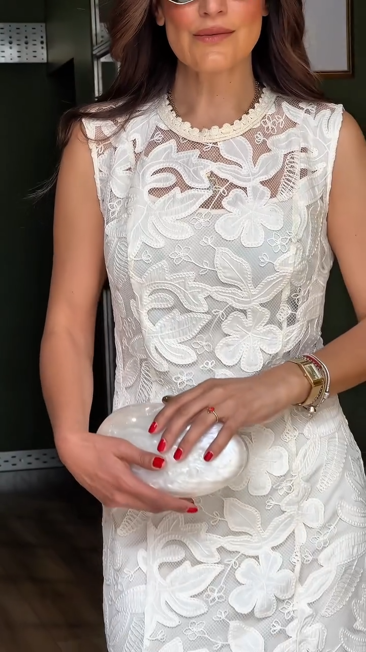 White Floral Lace Mermaid Midi Dress