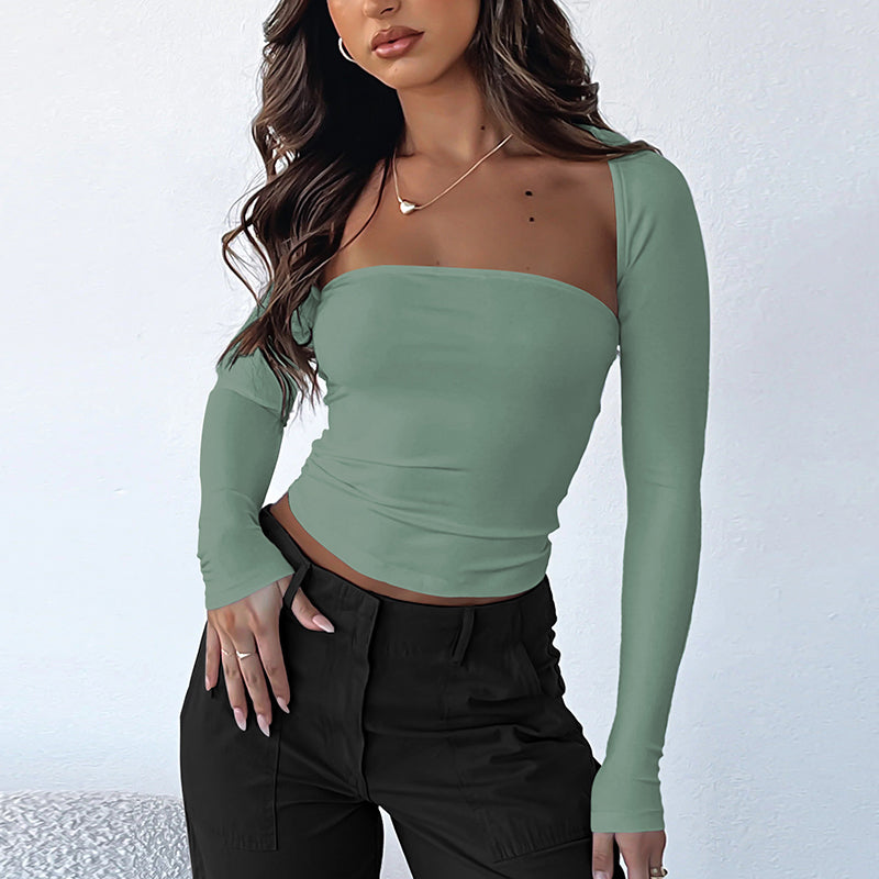 Y2K Fashion New Women's Sexy Tube Top Waist T-shirt Long-sleeved Tight Blouse Two-piece Set Women's Bm Top