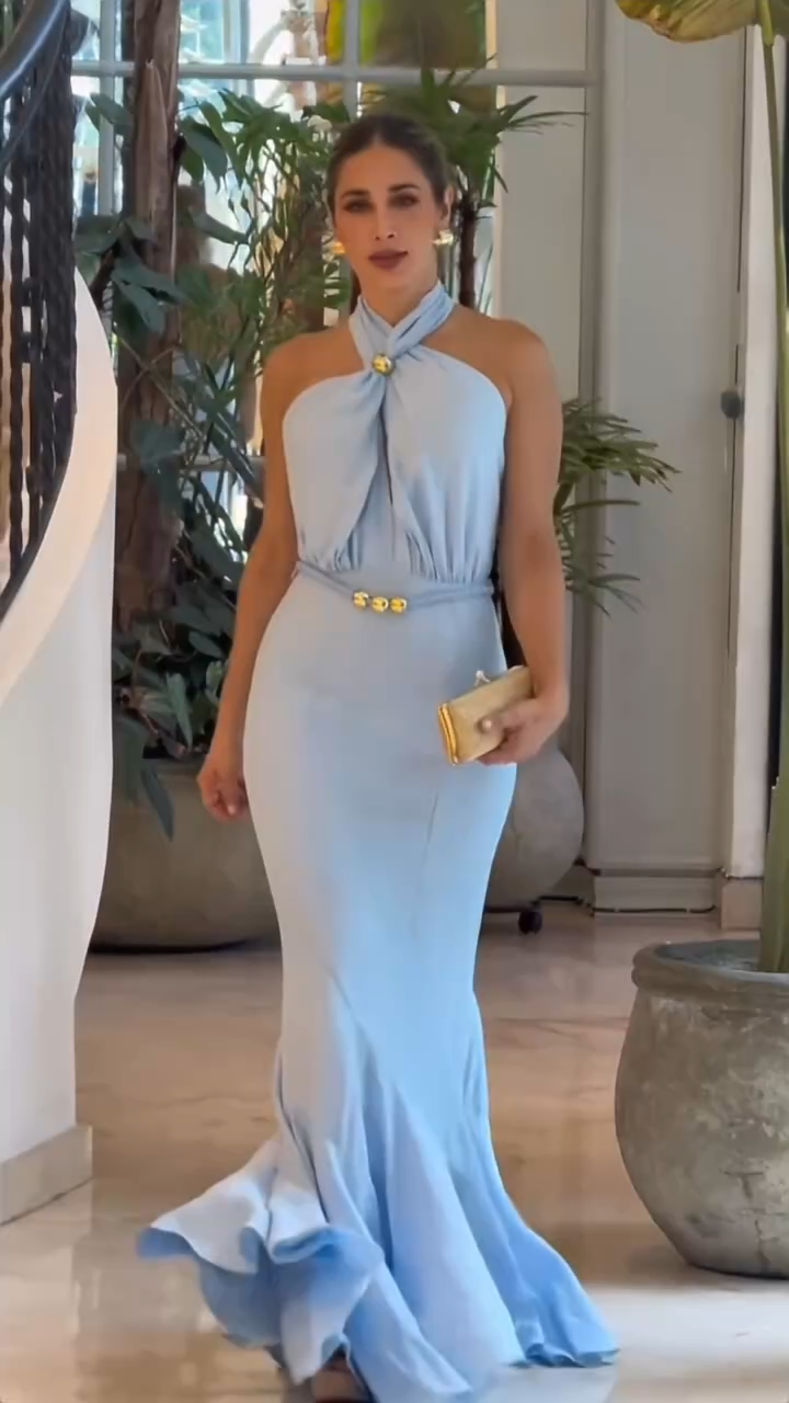 Light Blue Halter Neck Mermaid Maxi Dress