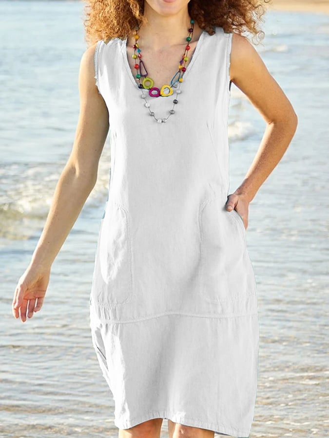 Solid Cotton Hemp U-Neck Sleeveless Pocket Dress