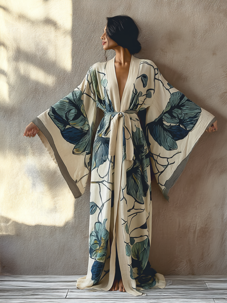 Women's Green Floral Kimono Linen Robe (Including Belt)