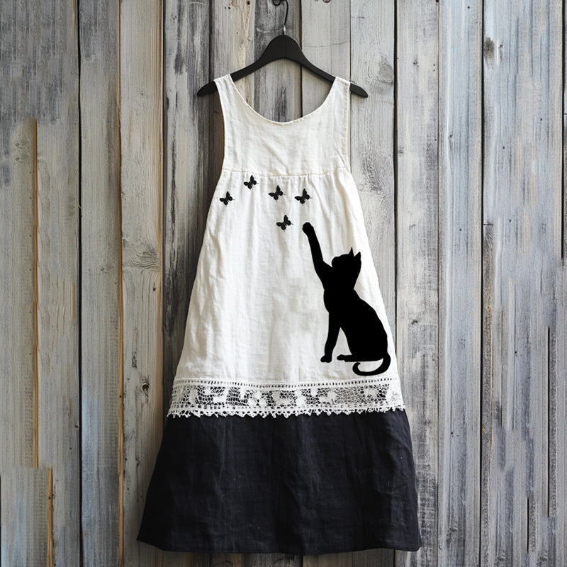 Vintage Abstract Creative Cute Black Cat  Play With Butterfly Art Linen Tank Dress