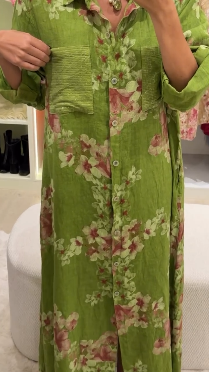 Green Floral Print Linen-Blend Shirt Maxi Dress