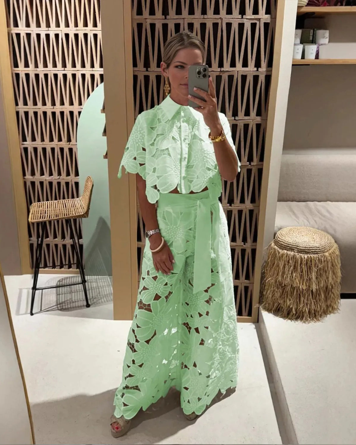 Solid Color Lace-Up Knit Top & Wide-Leg Pants Two-Piece Set