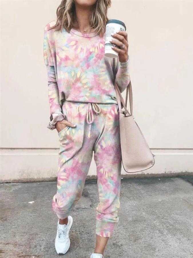 Women'S Casual Round Neck Tie-Dye Long Sleeve Two-Piece Set