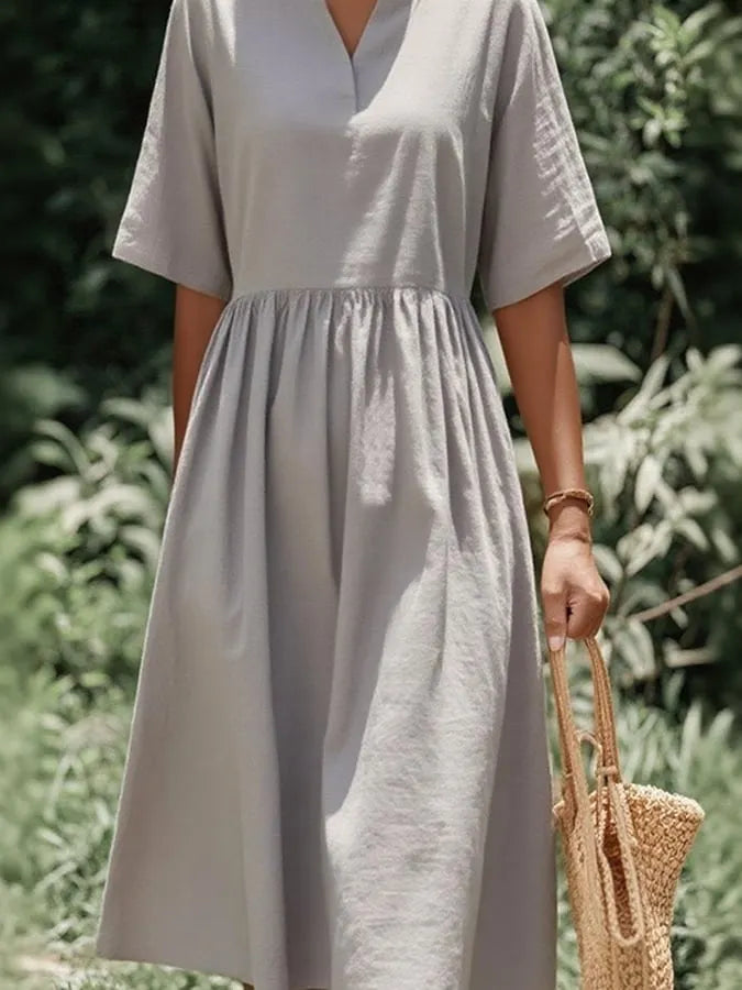 Women'S Casual Solid Color Cotton And Linen Short-Sleeved Dress