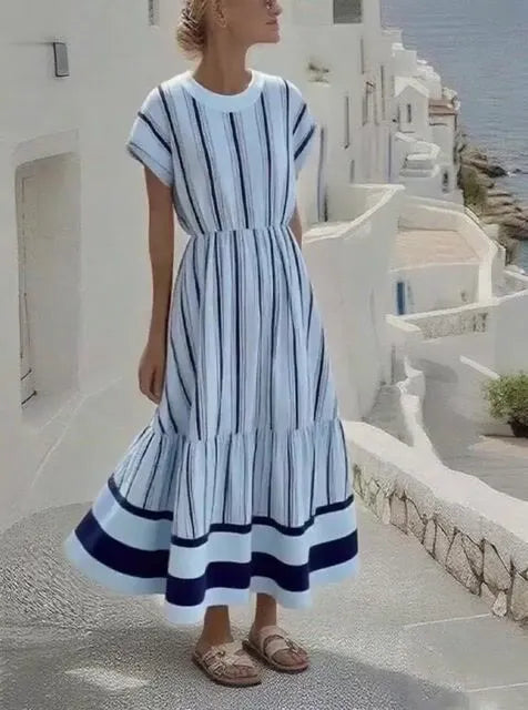Women's Holiday Round Neck Short Sleeve Striped Printed Cotton and Linen Dress