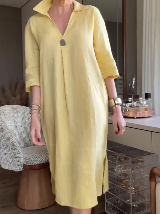Ladies V-Neck Slit Loose Cotton And Linen Dress
