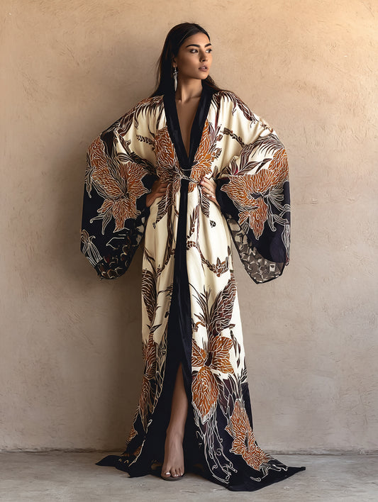 Women's Black Morning Bloom Kimono Linen Robe