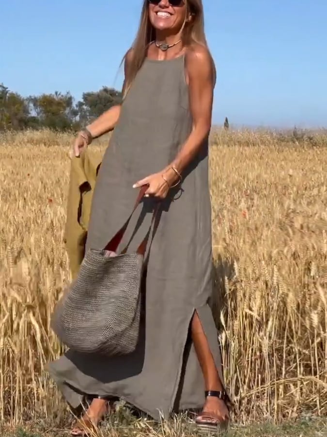 Women'S Casual Strappy Cotton And Linen Maxi Dress