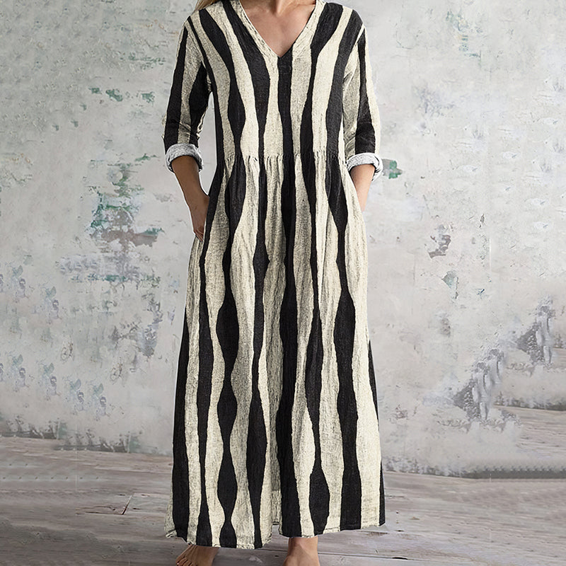 Vintage Stripe Pattern Women's Linen Dress