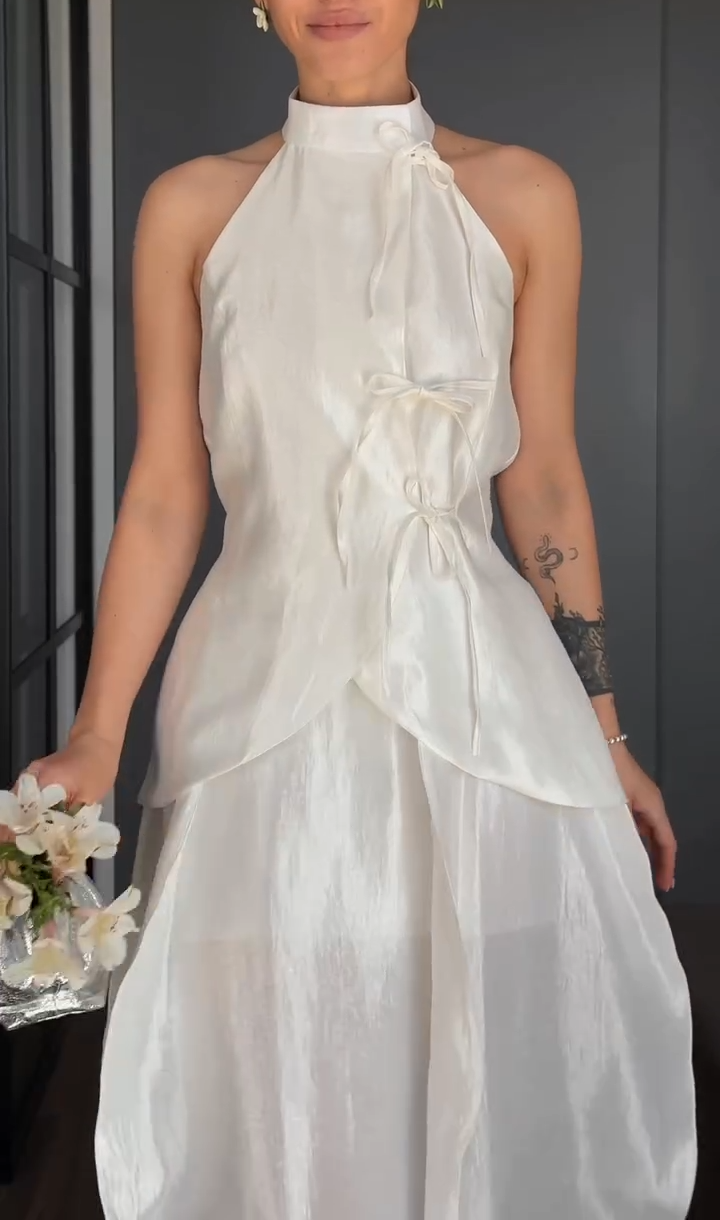 White Halter Neck Tie-Front Two-Piece Midi Set