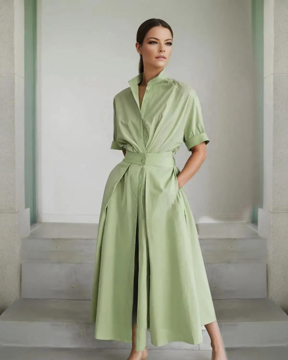 Solid-colored Waist-cinching Stand-collar Midi Dress