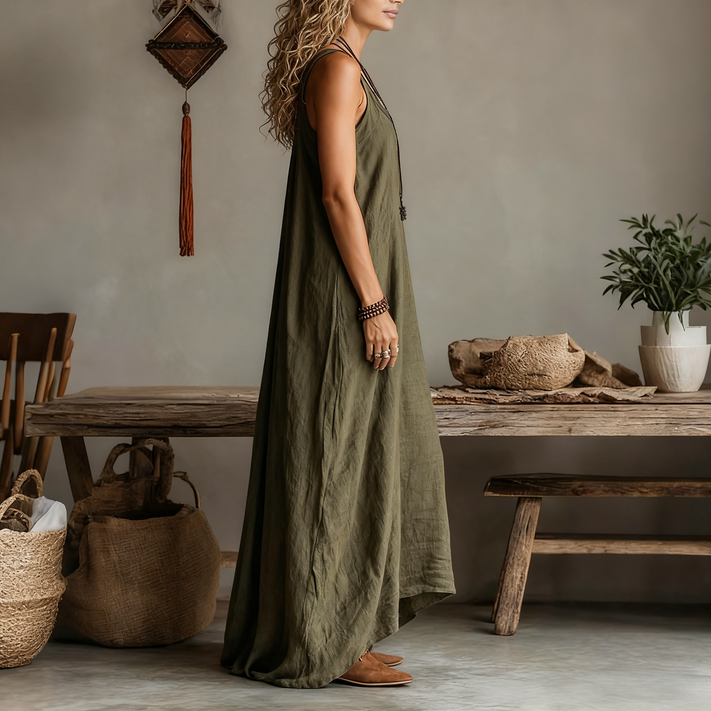 Retro Casual Loose Cotton And Linen Suspender Long Skirt Fashionable Large Silhouette Suspender Dress Home Comfortable L