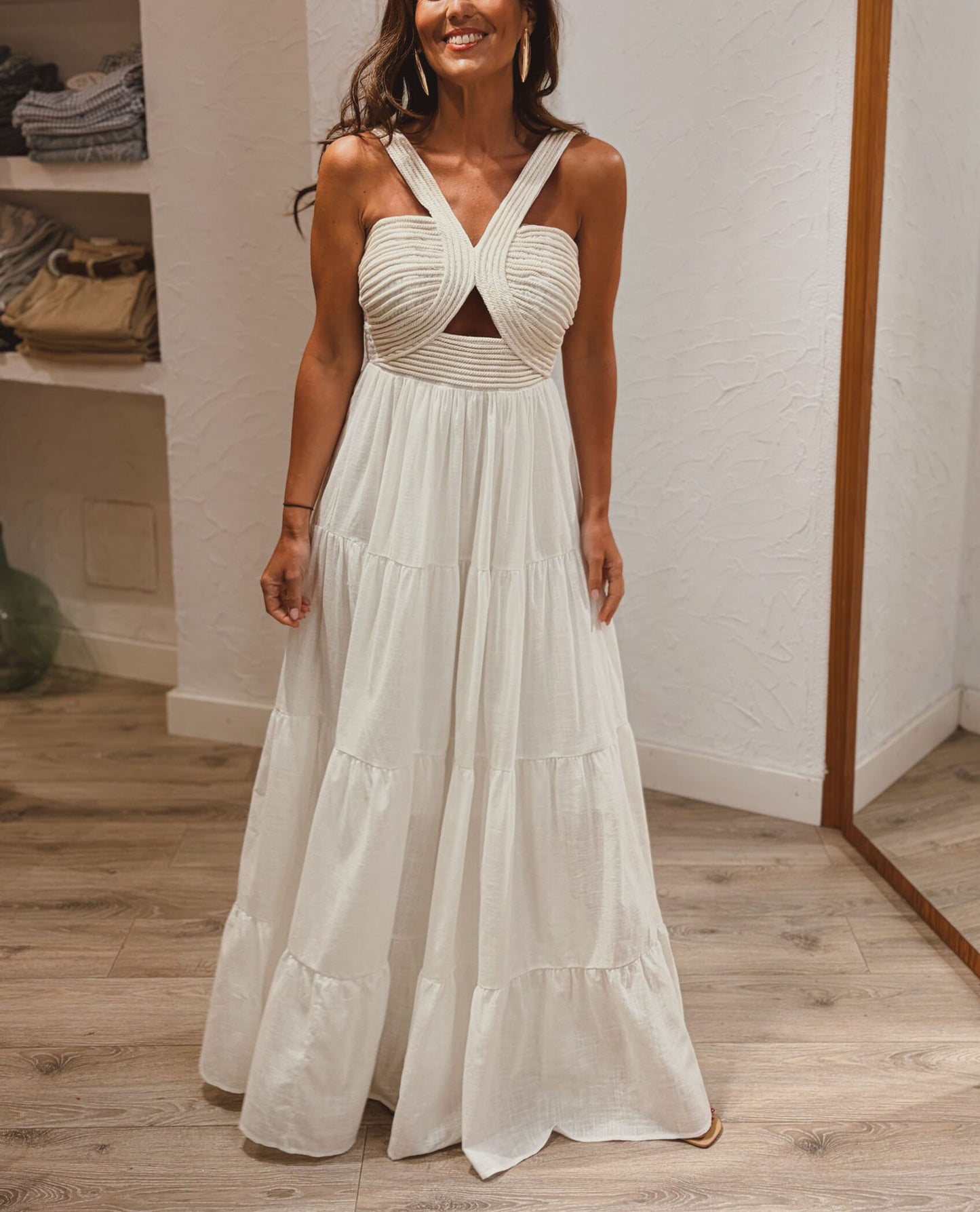 Tiered Maxi Dress with Crisscross Textured Bodice
