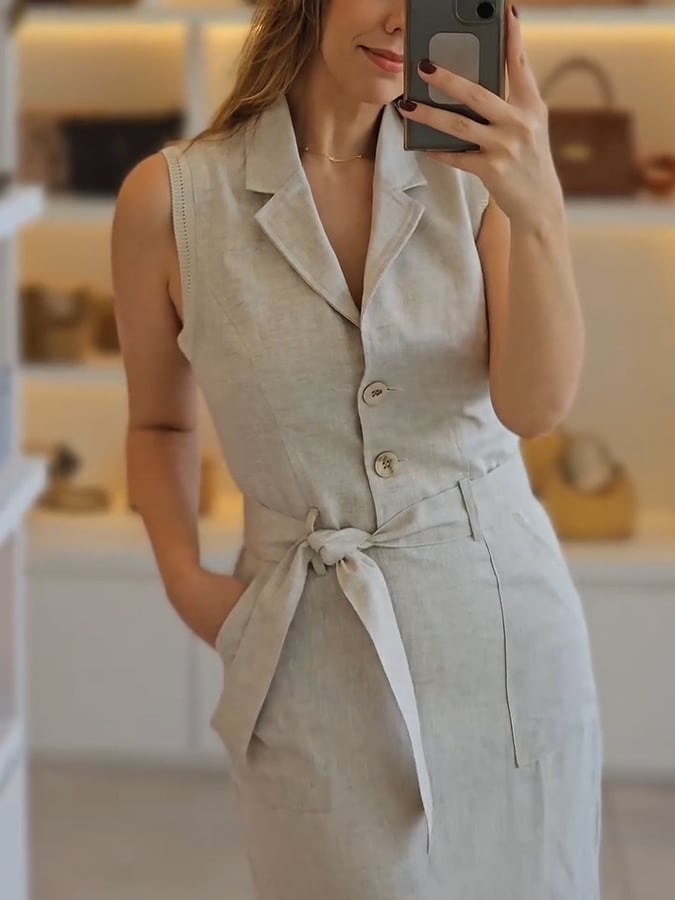 Women's Casual Lapel Single Breasted Sleeveless Tie Dress