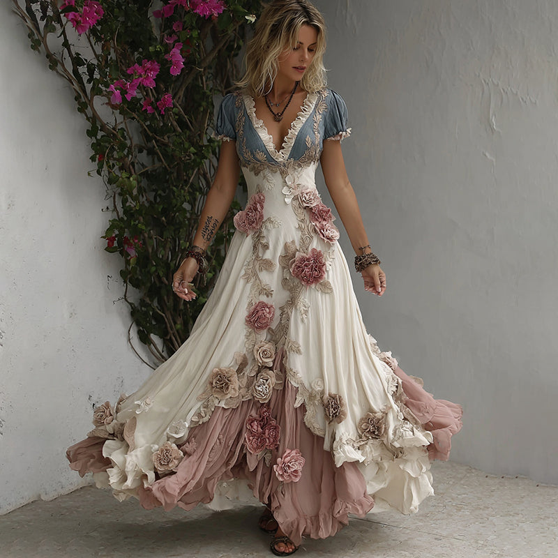 Women's Romantic Rose Embroidery Art Patchwork Flowing Linen Blend Maxi Dress