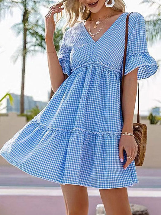 Women'S Casual V-Neck Short-Sleeved Plaid Print Ruffle Stitching Dress